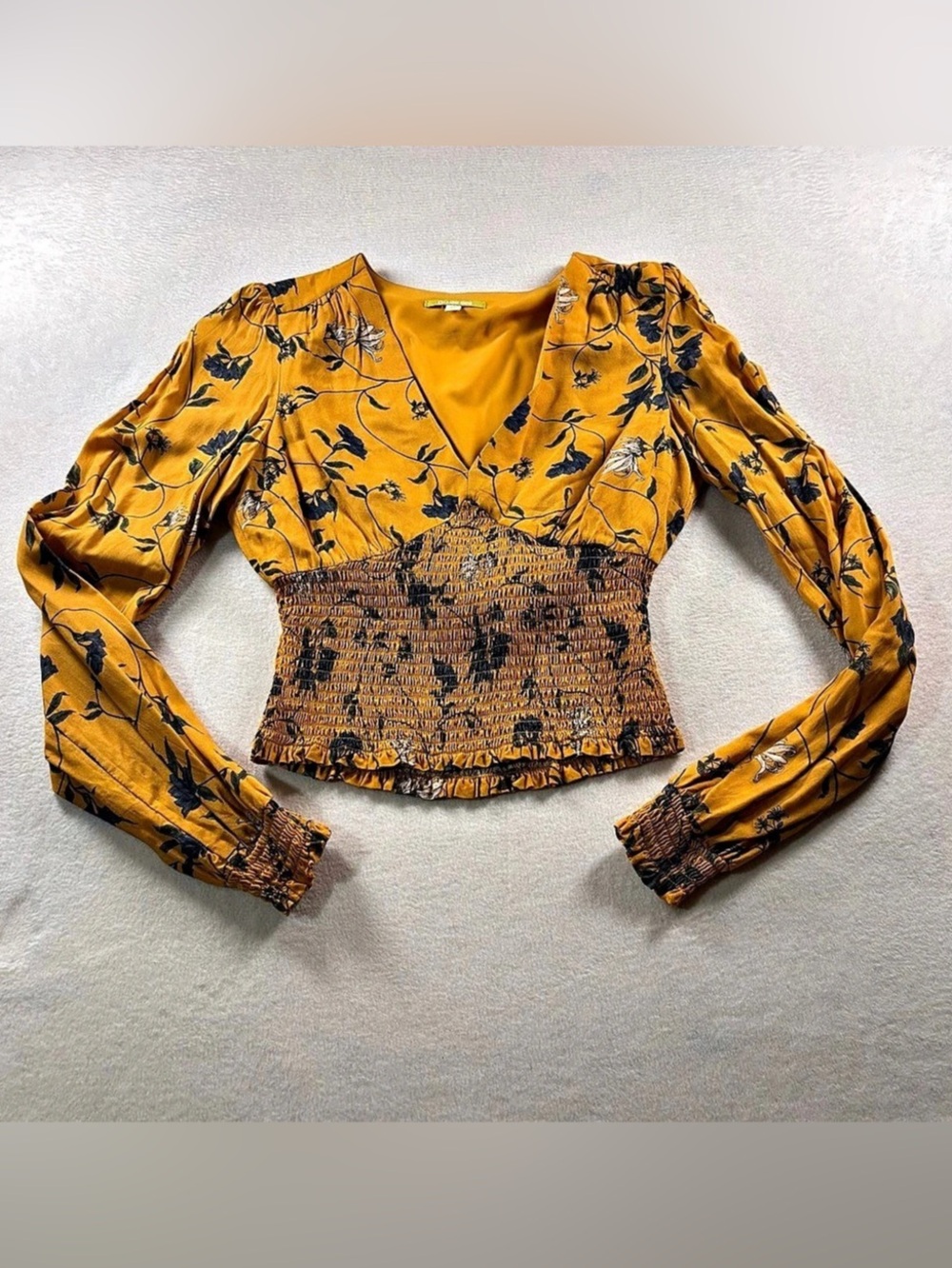 Gianni Bini Floral Smocked Blouse in Yellow & Navy Size XS